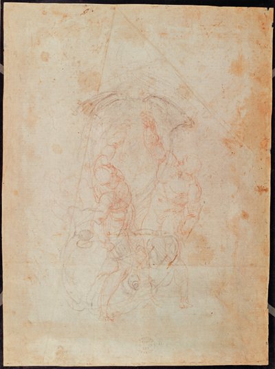 Study of Two Male Figures (Red Chalk on Paper) (Verso) by Michelangelo Buonarroti